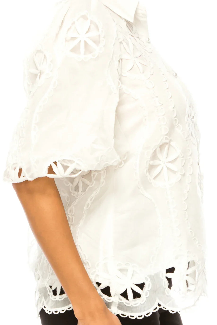 Vivid Puff Sleeve Embroidered Flower Cutout Shirt