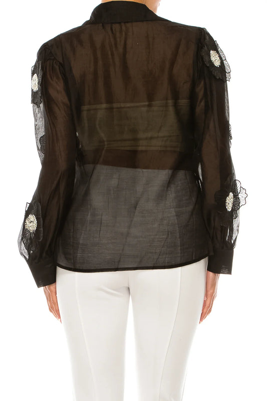 Vivid Floral Embellished Applique Button Down Top