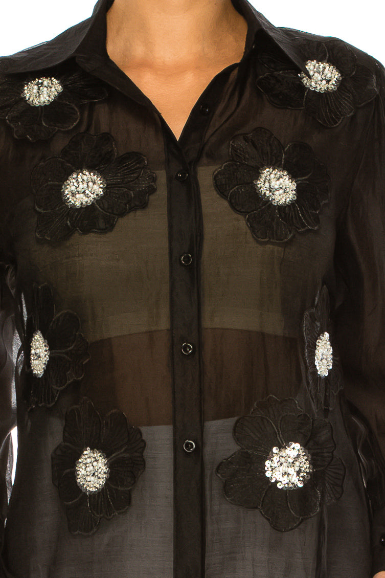 Vivid Floral Embellished Applique Button Down Top