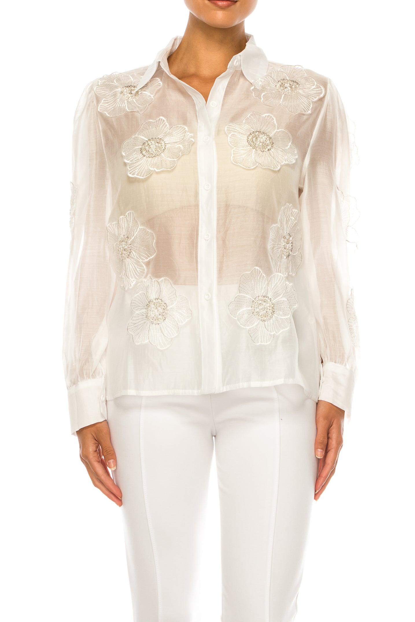 Vivid Floral Embellished Applique Button Down Top