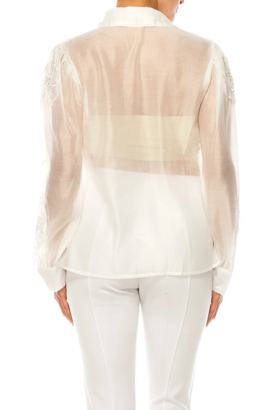 Vivid Floral Embellished Applique Button Down Top