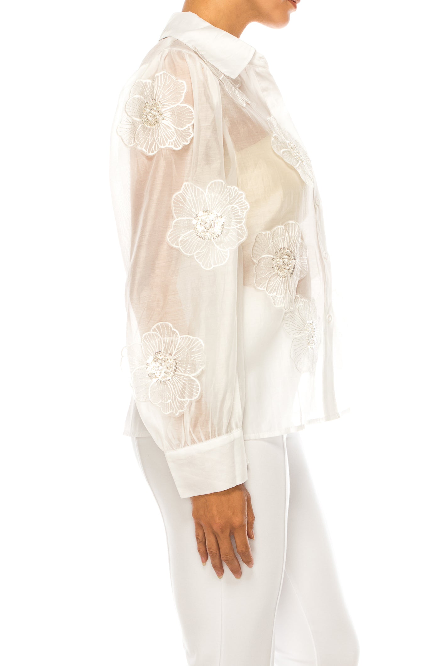 Vivid Floral Embellished Applique Button Down Top