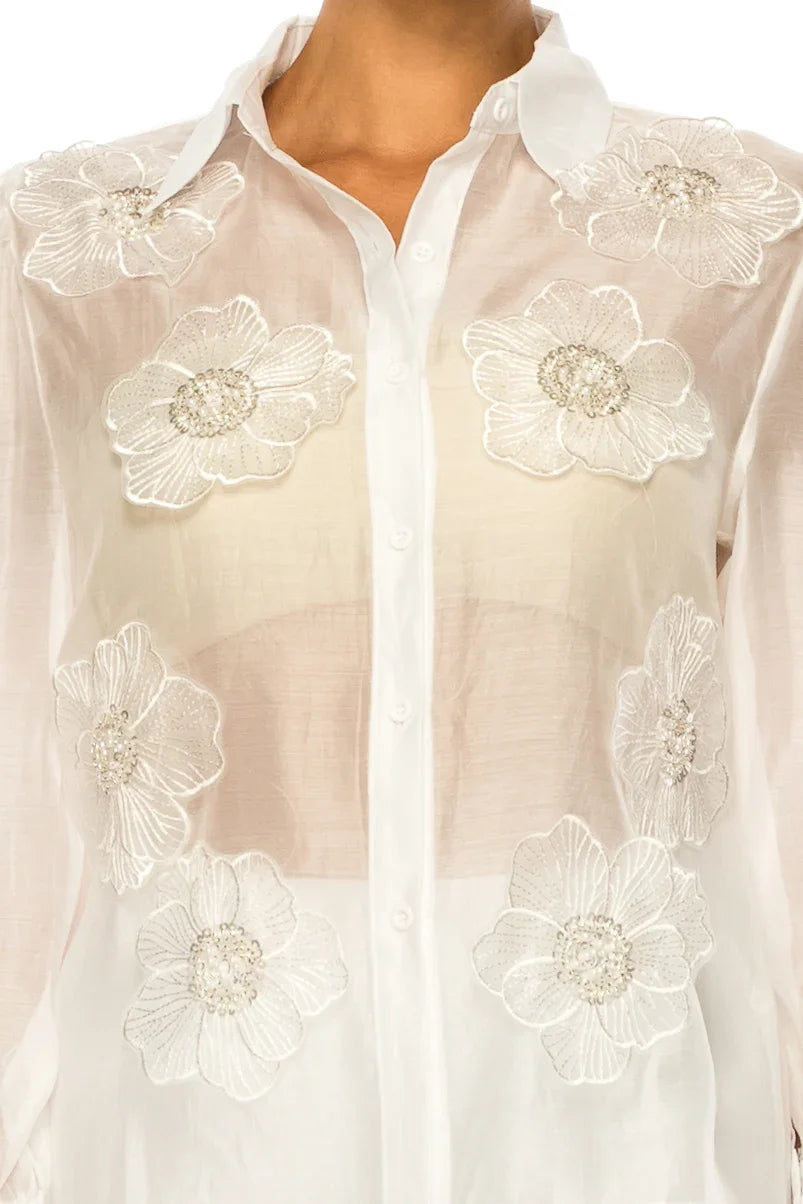 Vivid Floral Embellished Applique Button Down Top