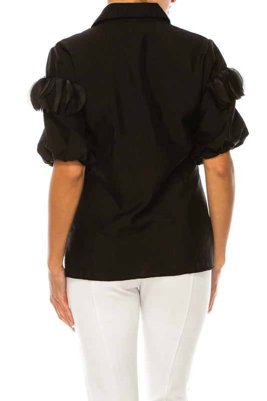 Vivid Petal Applique Puff Sleeve Button Down Top