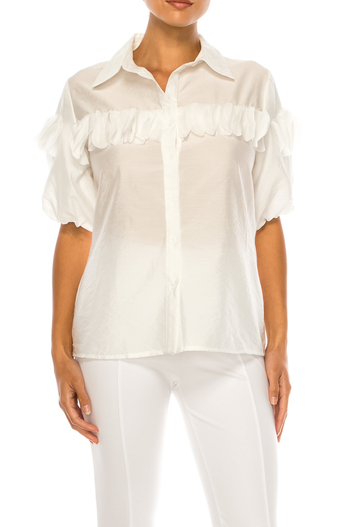 Vivid Petal Applique Puff Sleeve Button Down Top