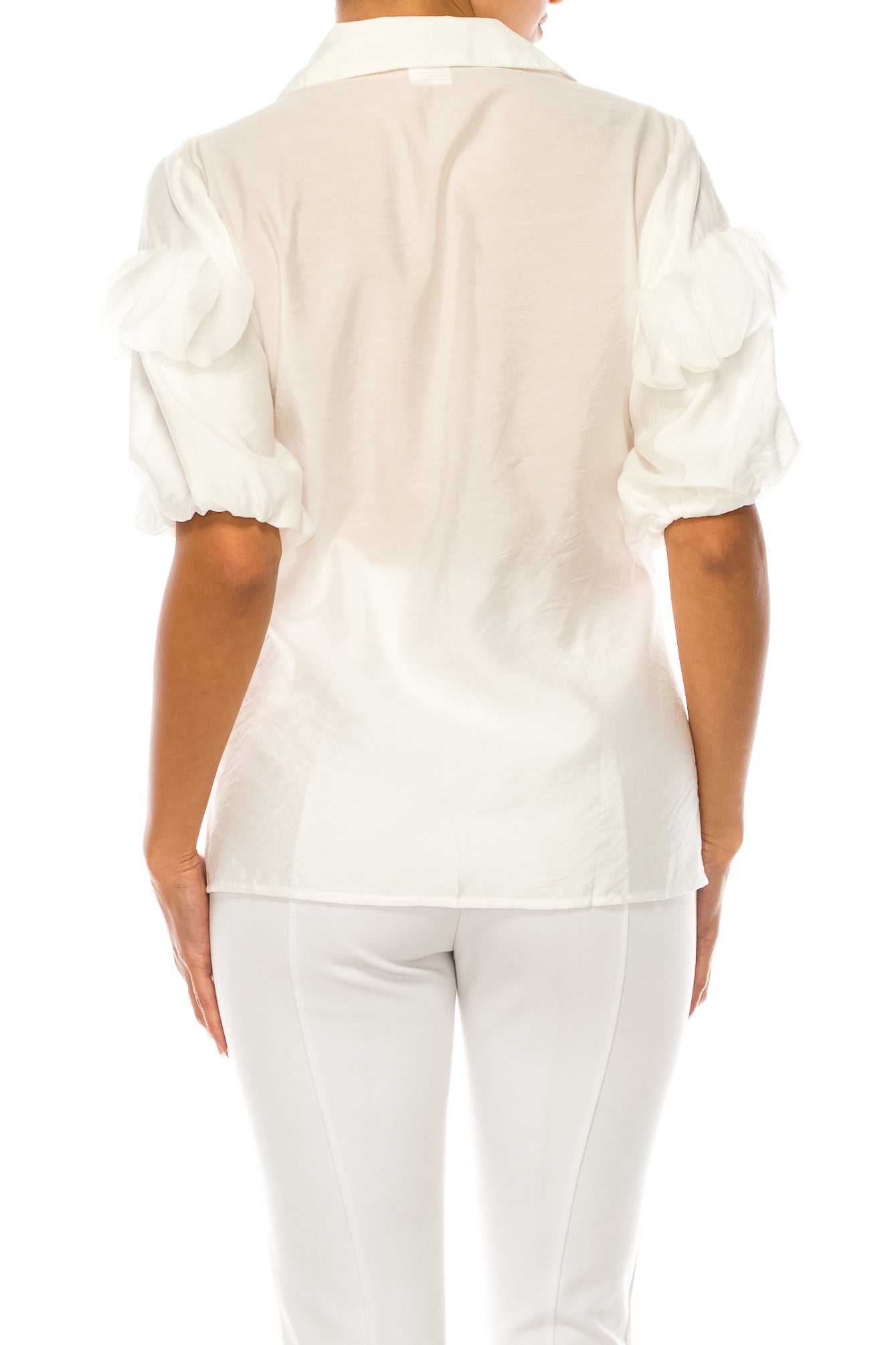 Vivid Petal Applique Puff Sleeve Button Down Top
