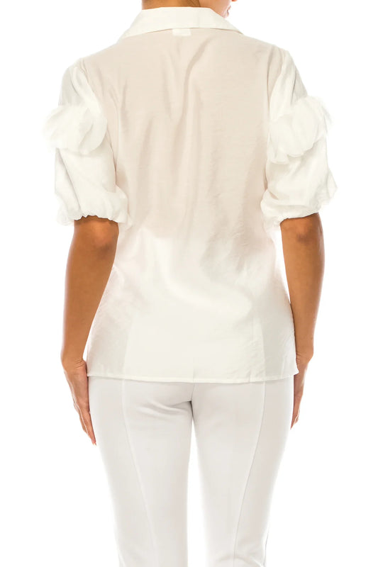 Vivid Petal Applique Puff Sleeve Button Down Top
