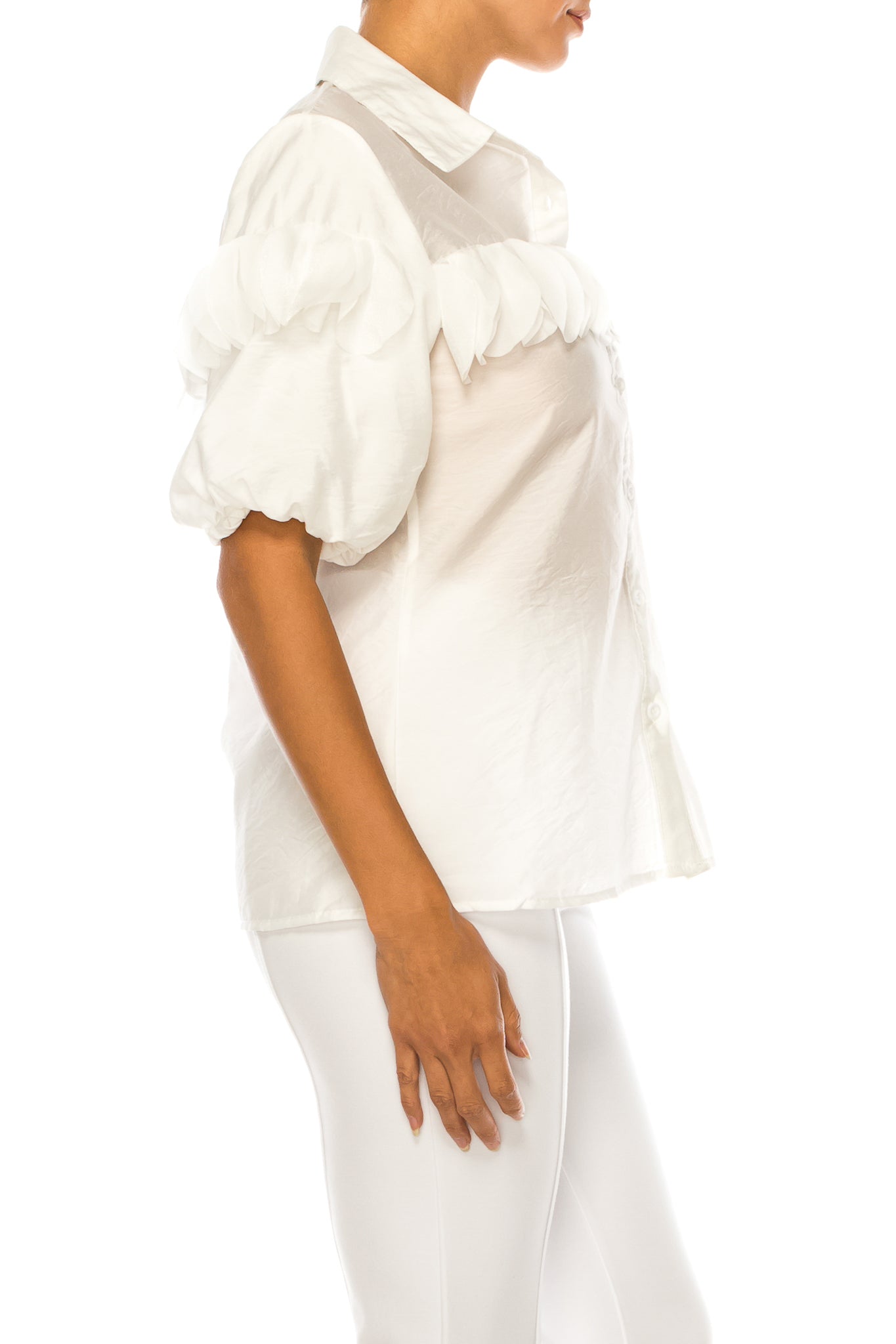 Vivid Petal Applique Puff Sleeve Button Down Top