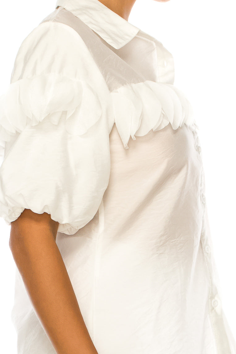 Vivid Petal Applique Puff Sleeve Button Down Top
