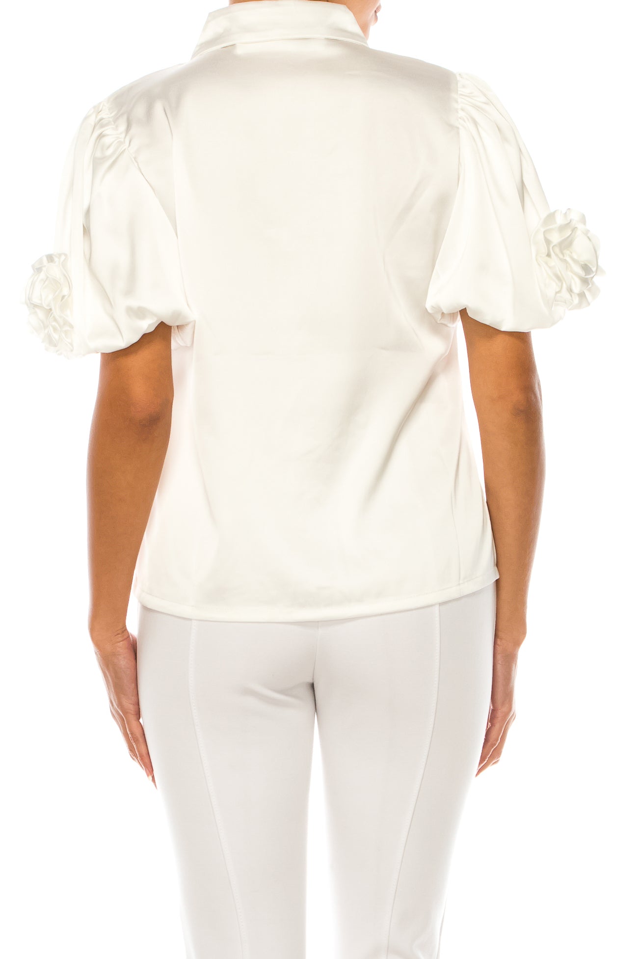Vivid Floral Rosette Button Down Short Sleeve Top