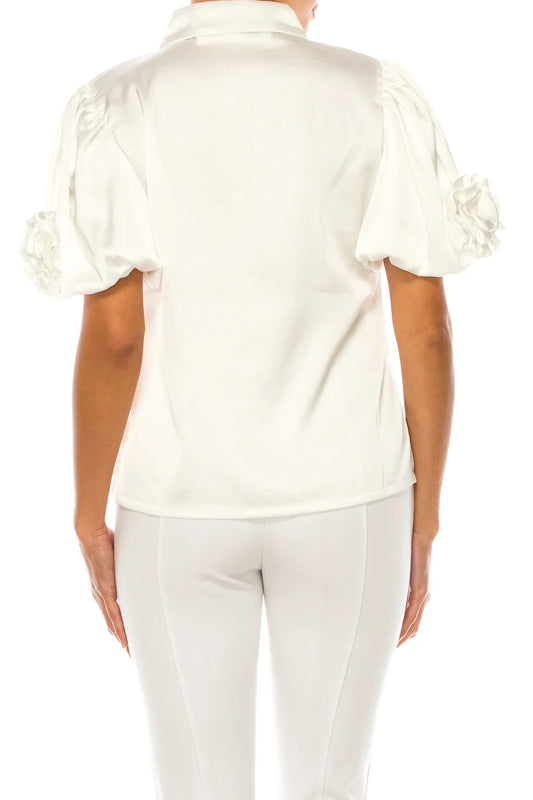 Vivid Floral Rosette Button Down Short Sleeve Top