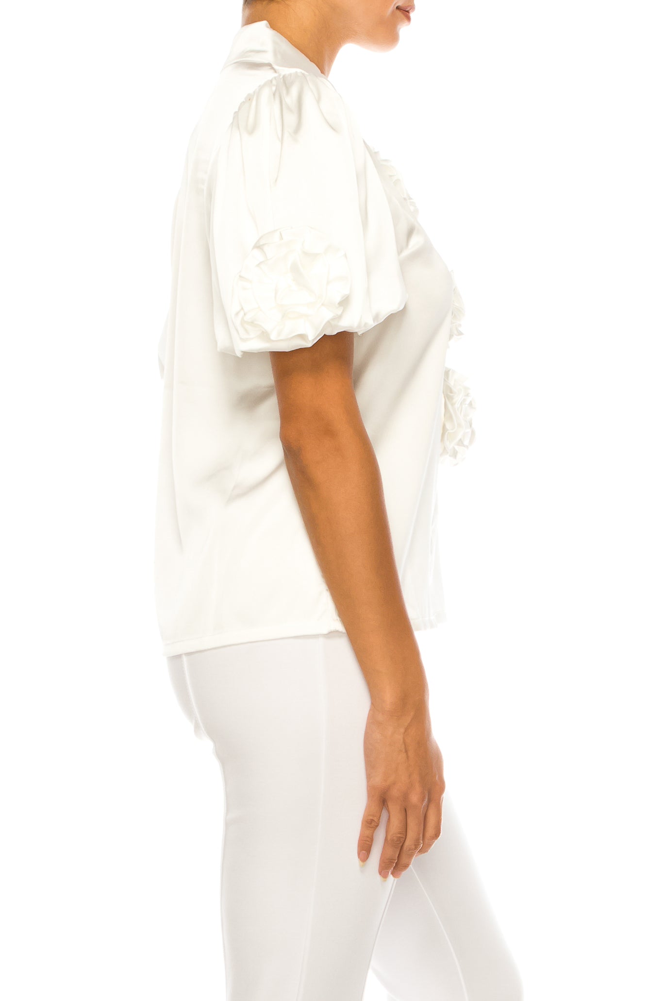 Vivid Floral Rosette Button Down Short Sleeve Top