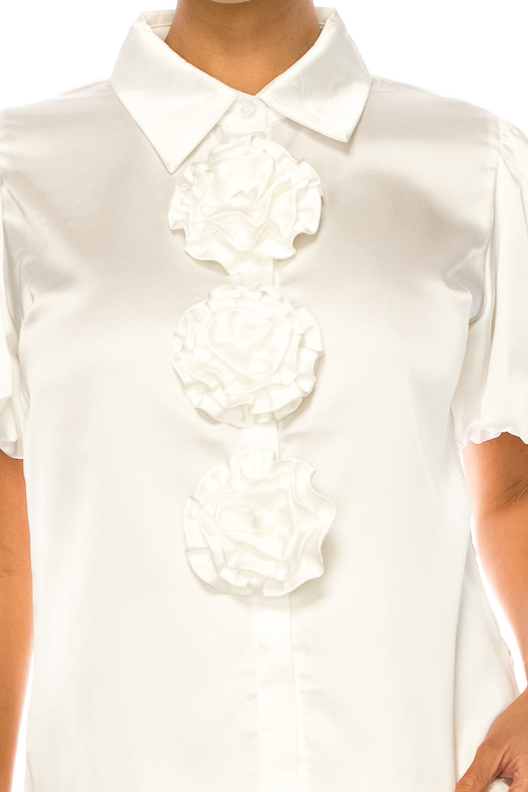 Vivid Floral Rosette Button Down Short Sleeve Top