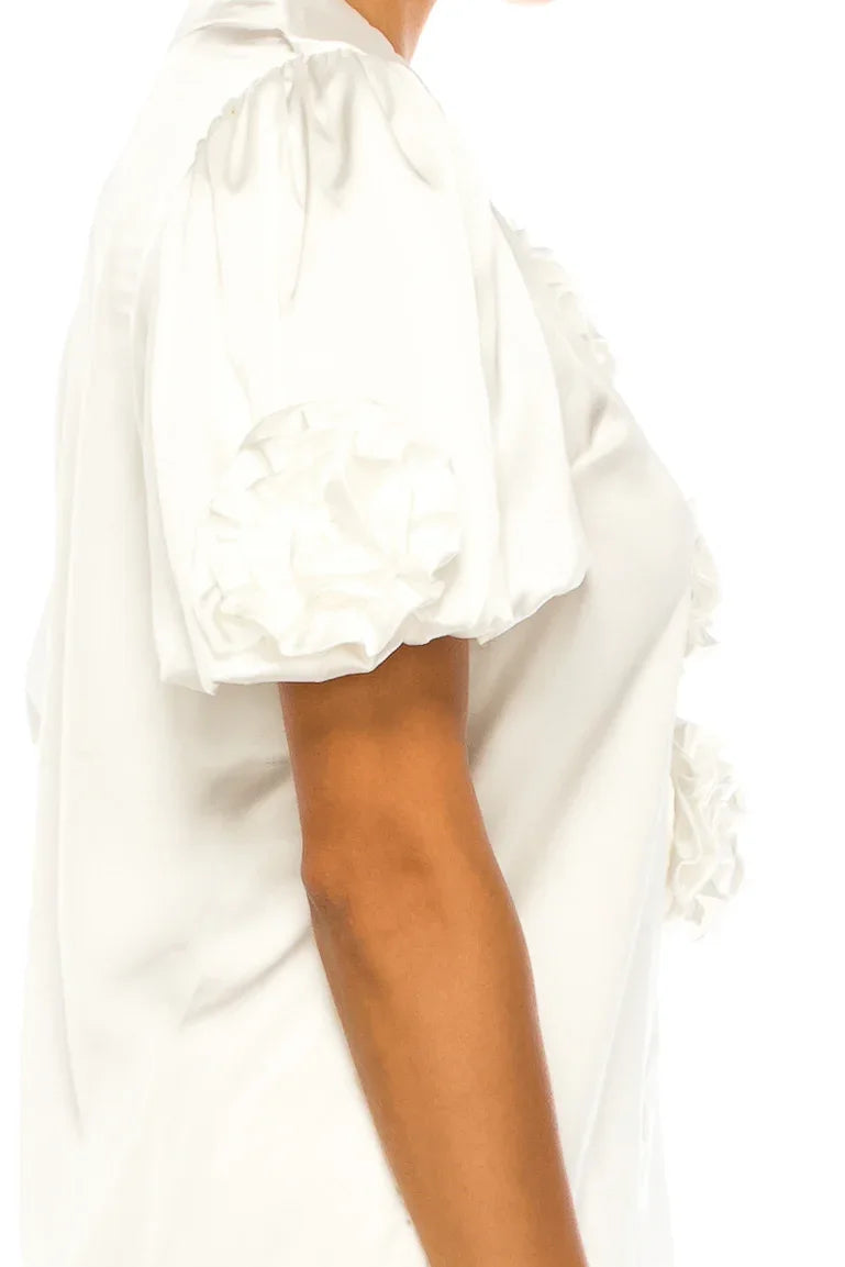 Vivid Floral Rosette Button Down Short Sleeve Top