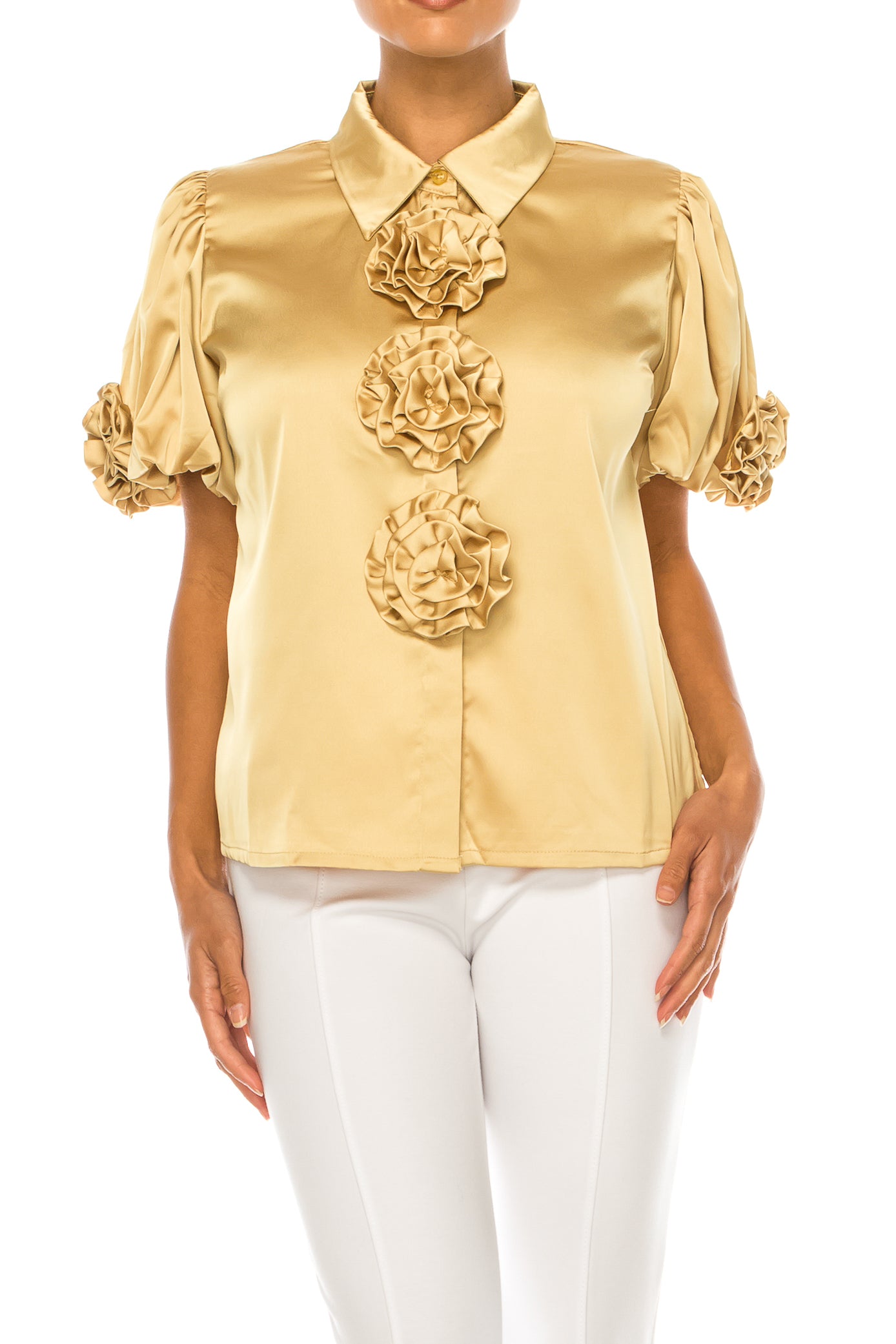 Vivid Floral Rosette Button Down Short Sleeve Top