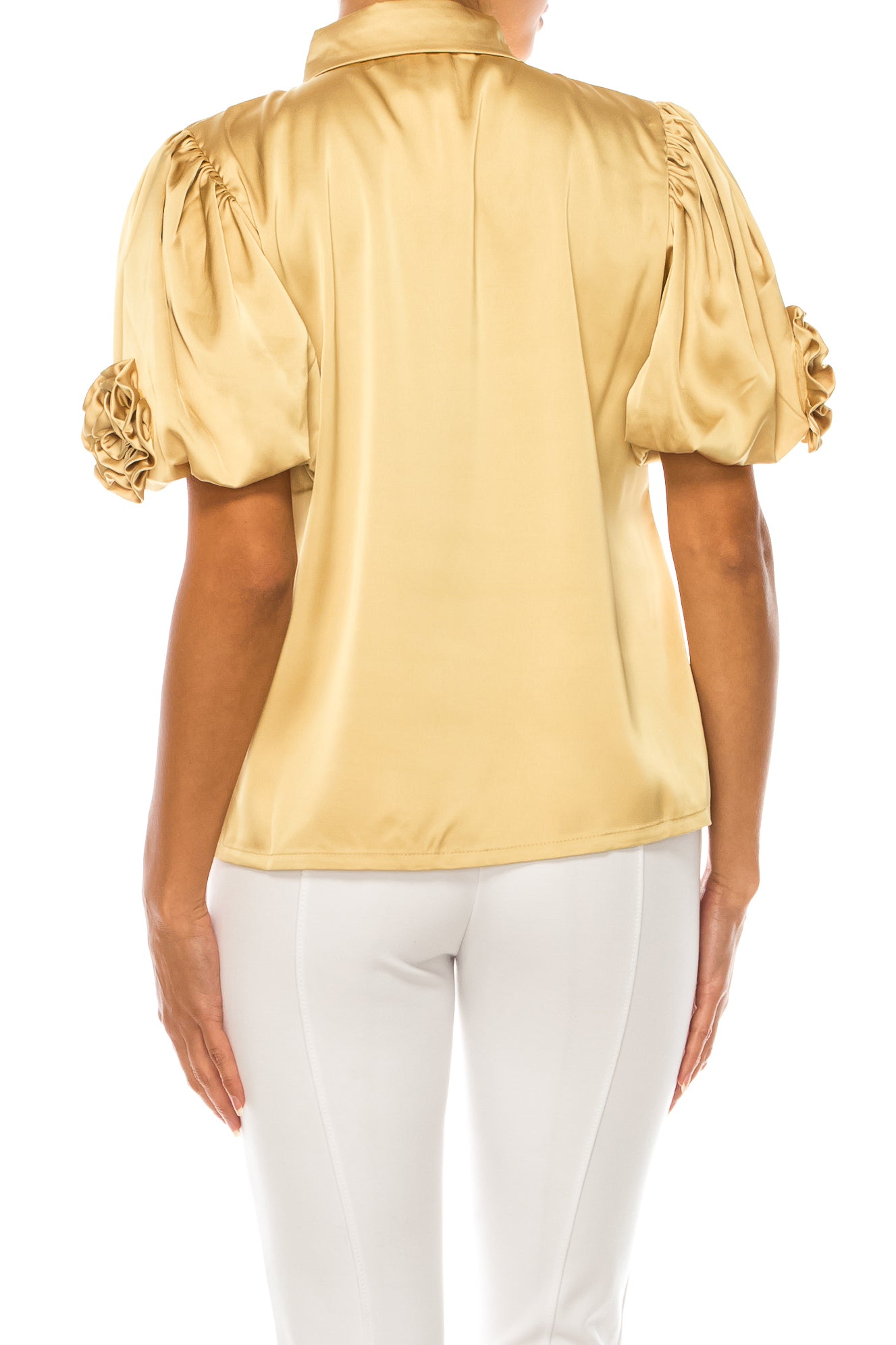 Vivid Floral Rosette Button Down Short Sleeve Top