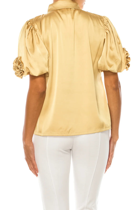 Vivid Floral Rosette Button Down Short Sleeve Top