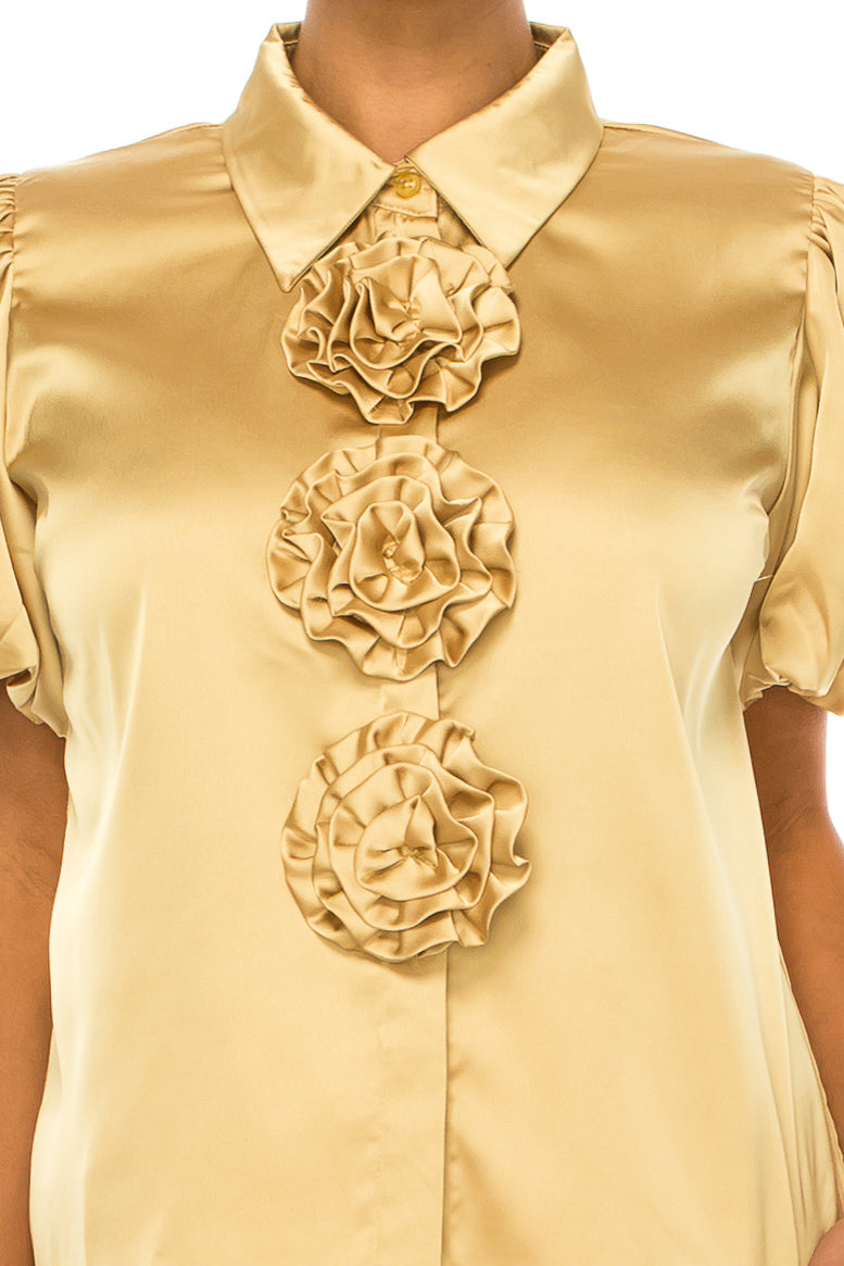 Vivid Floral Rosette Button Down Short Sleeve Top
