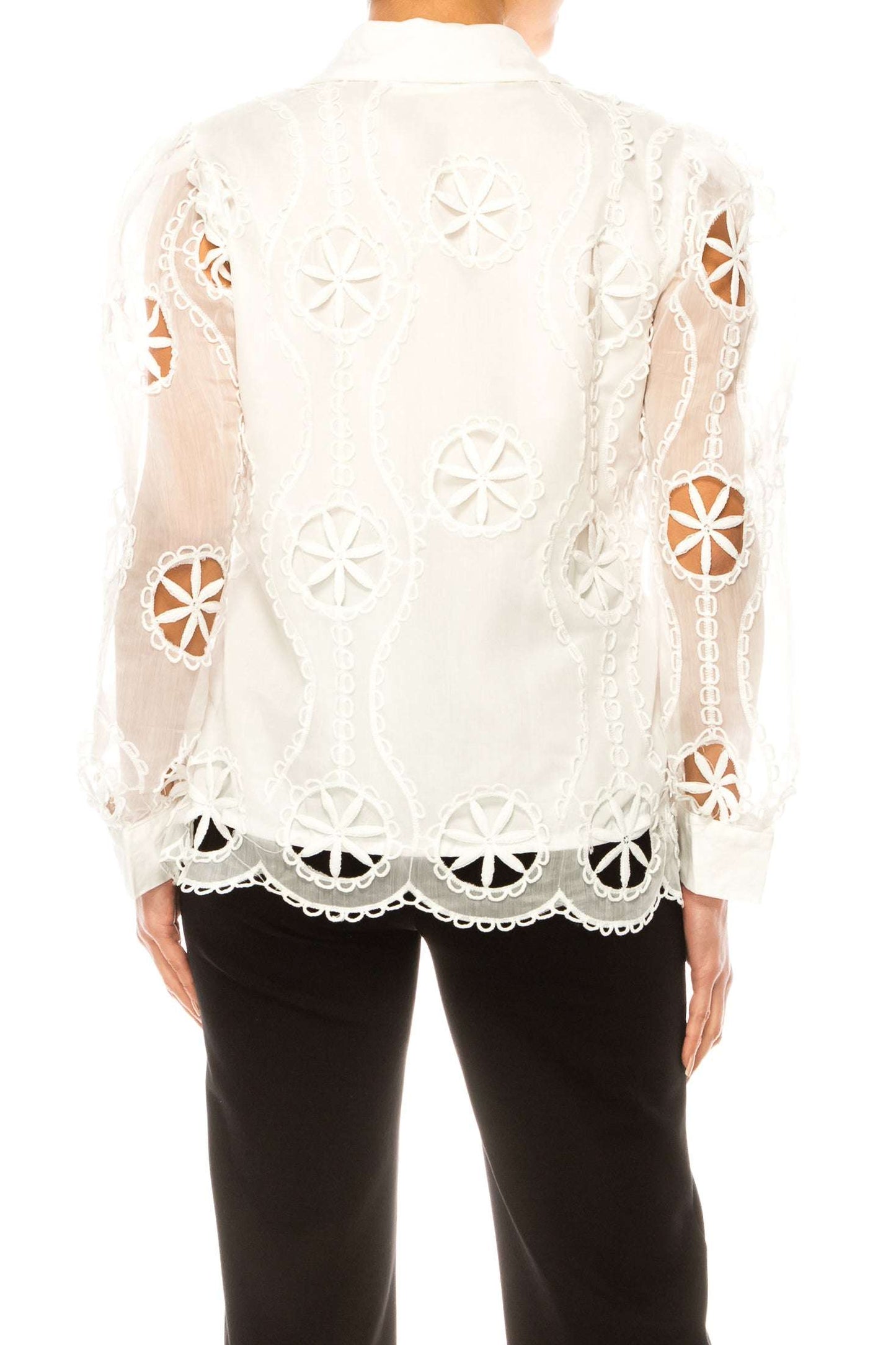 Vivid Long Sleeve Embroidered Flower Cutout Shirt