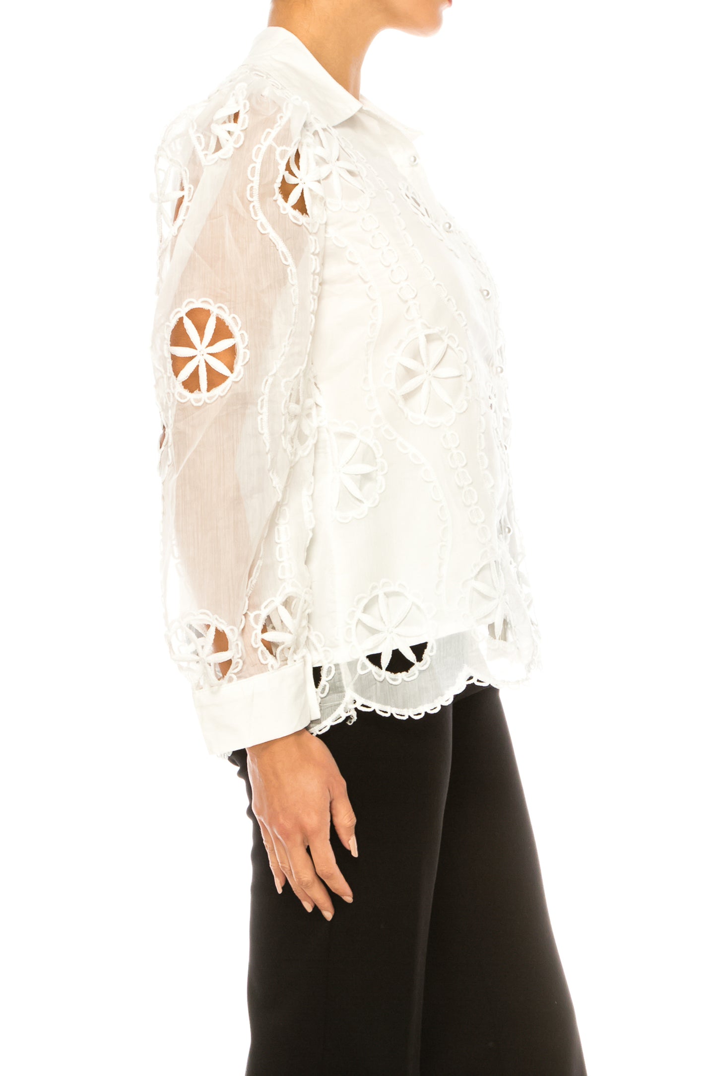 Vivid Long Sleeve Embroidered Flower Cutout Shirt