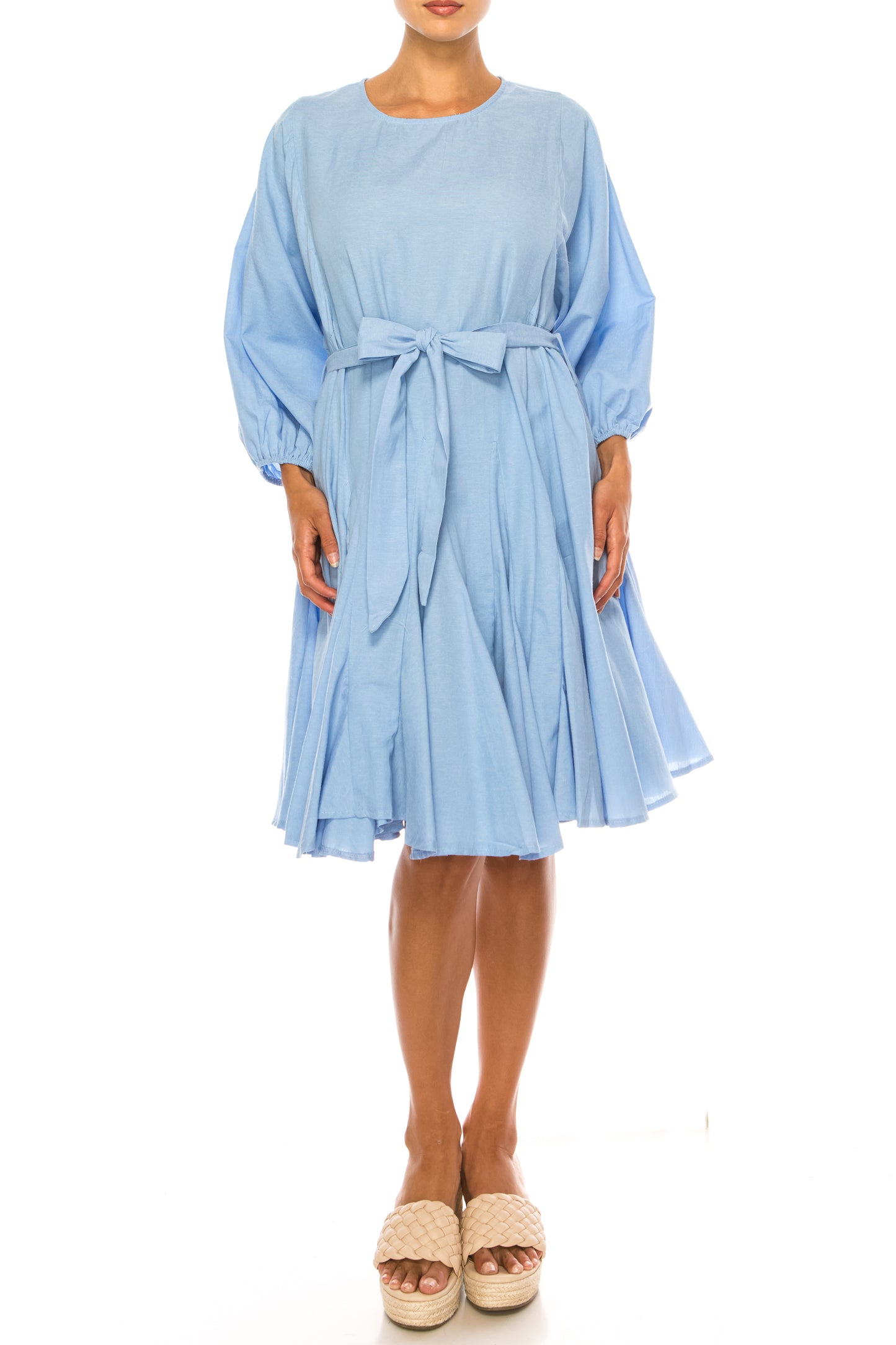 Vivid Long Sleeve Belted Godet Skirt Flared Dress