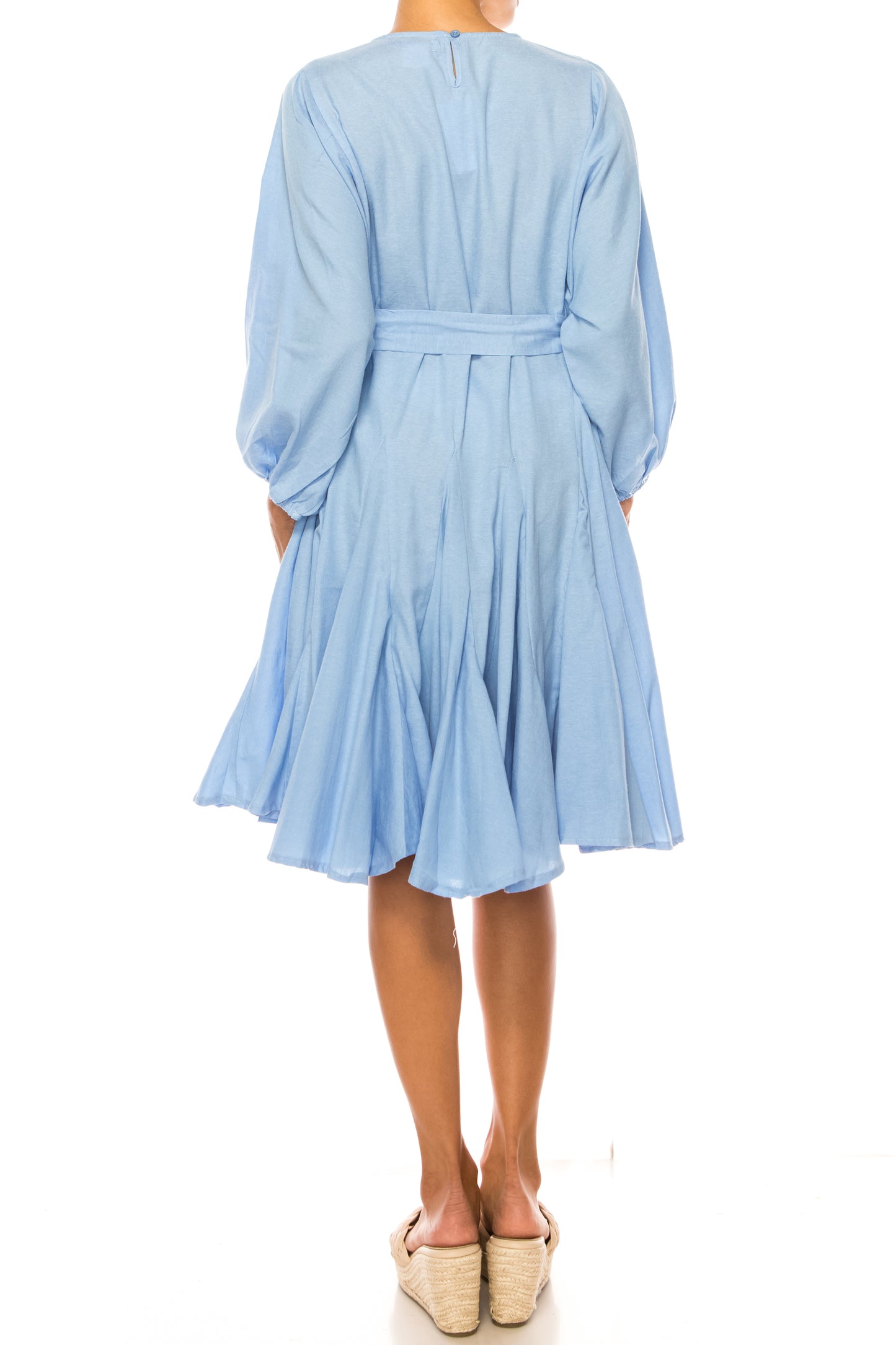 Vivid Long Sleeve Belted Godet Skirt Flared Dress