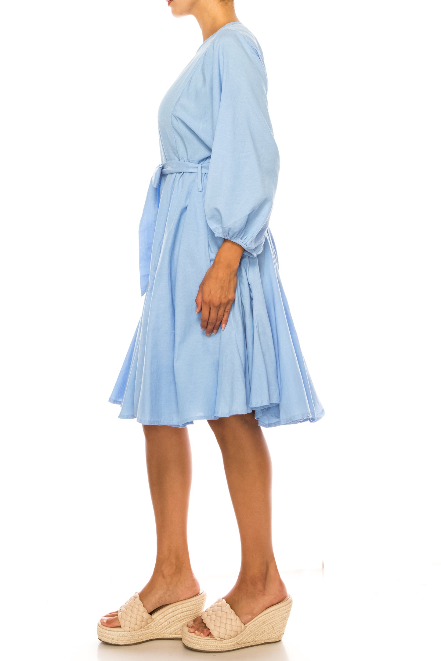 Vivid Long Sleeve Belted Godet Skirt Flared Dress