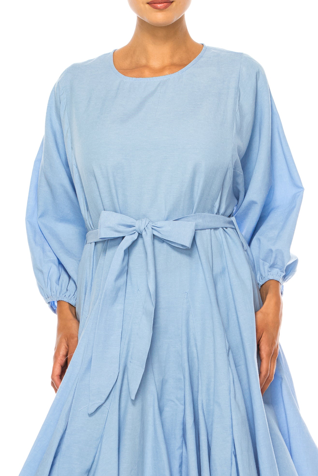 Vivid Long Sleeve Belted Godet Skirt Flared Dress