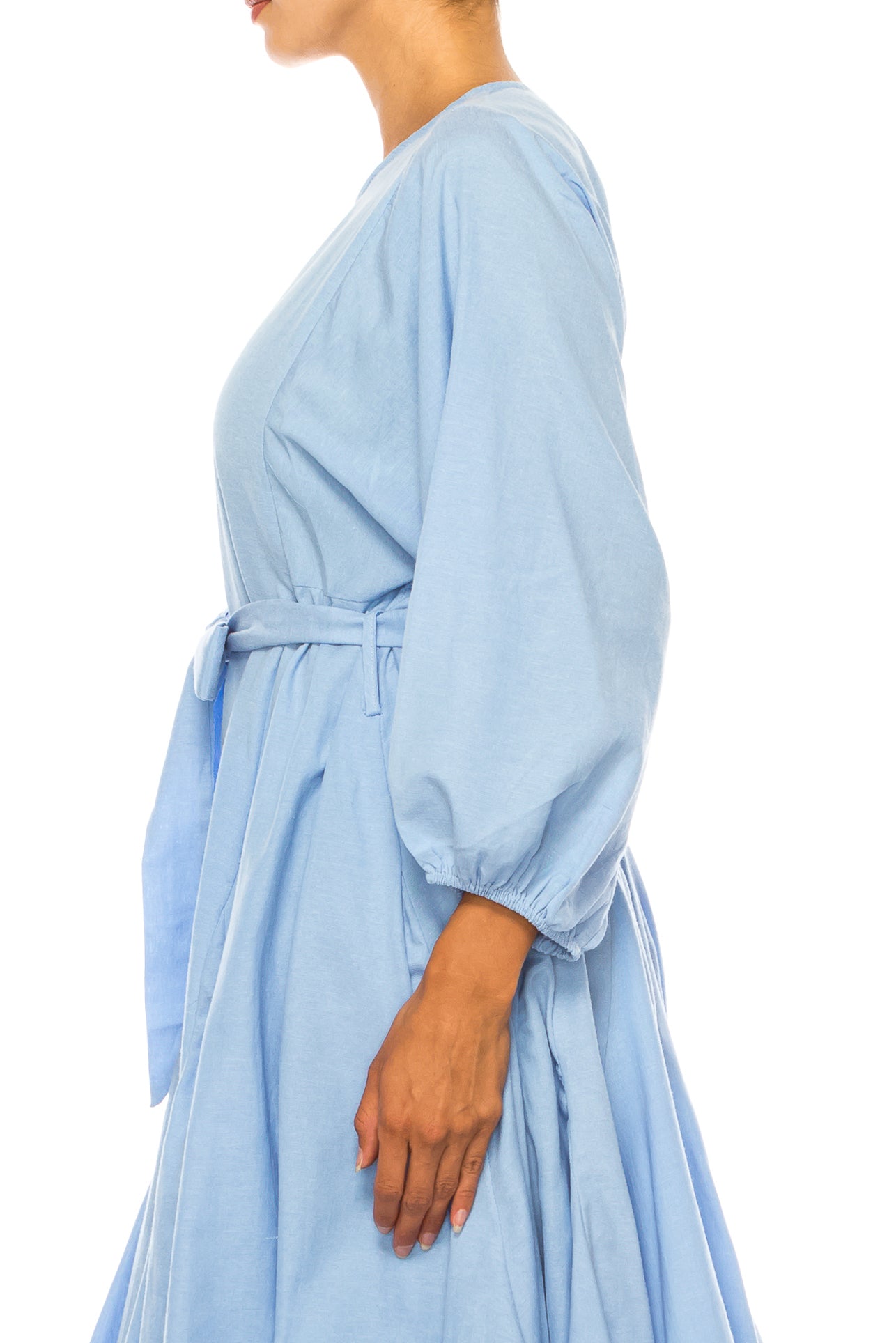Vivid Long Sleeve Belted Godet Skirt Flared Dress