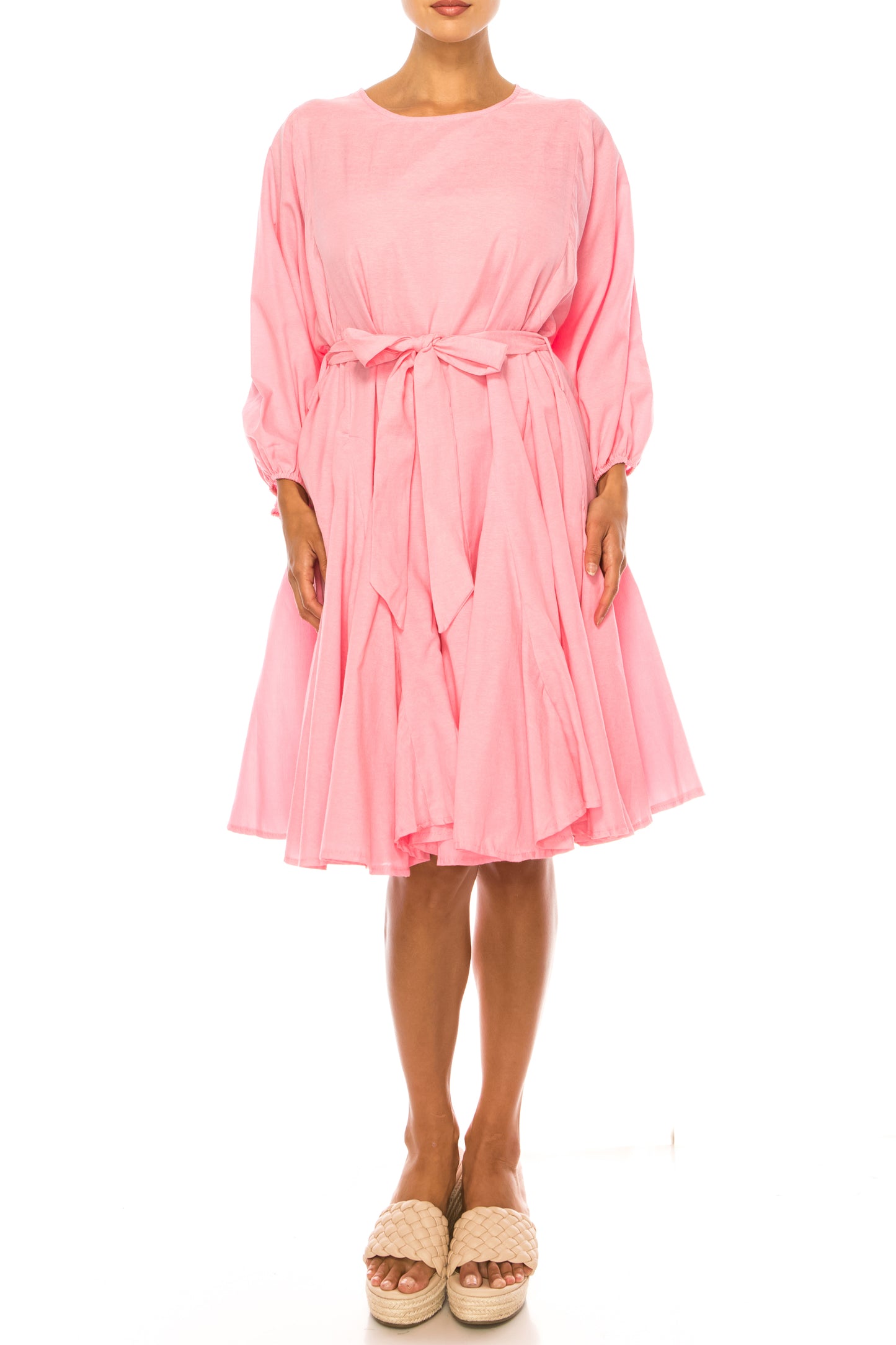 Vivid Long Sleeve Belted Godet Skirt Flared Dress