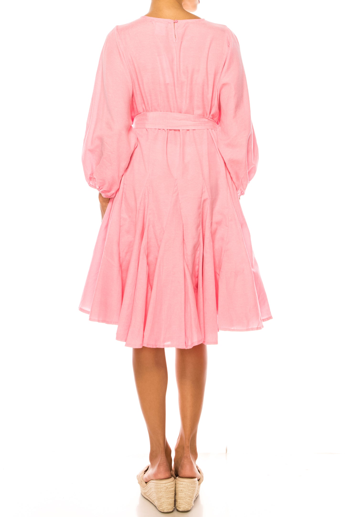 Vivid Long Sleeve Belted Godet Skirt Flared Dress