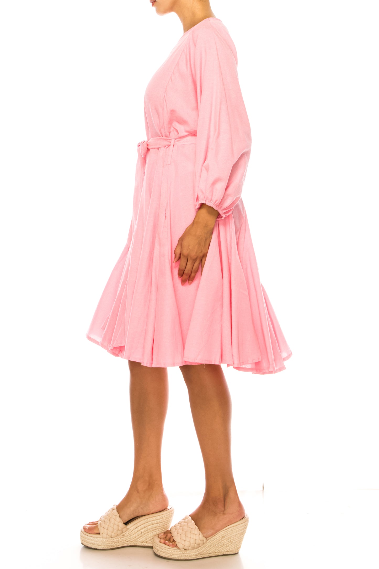 Vivid Long Sleeve Belted Godet Skirt Flared Dress