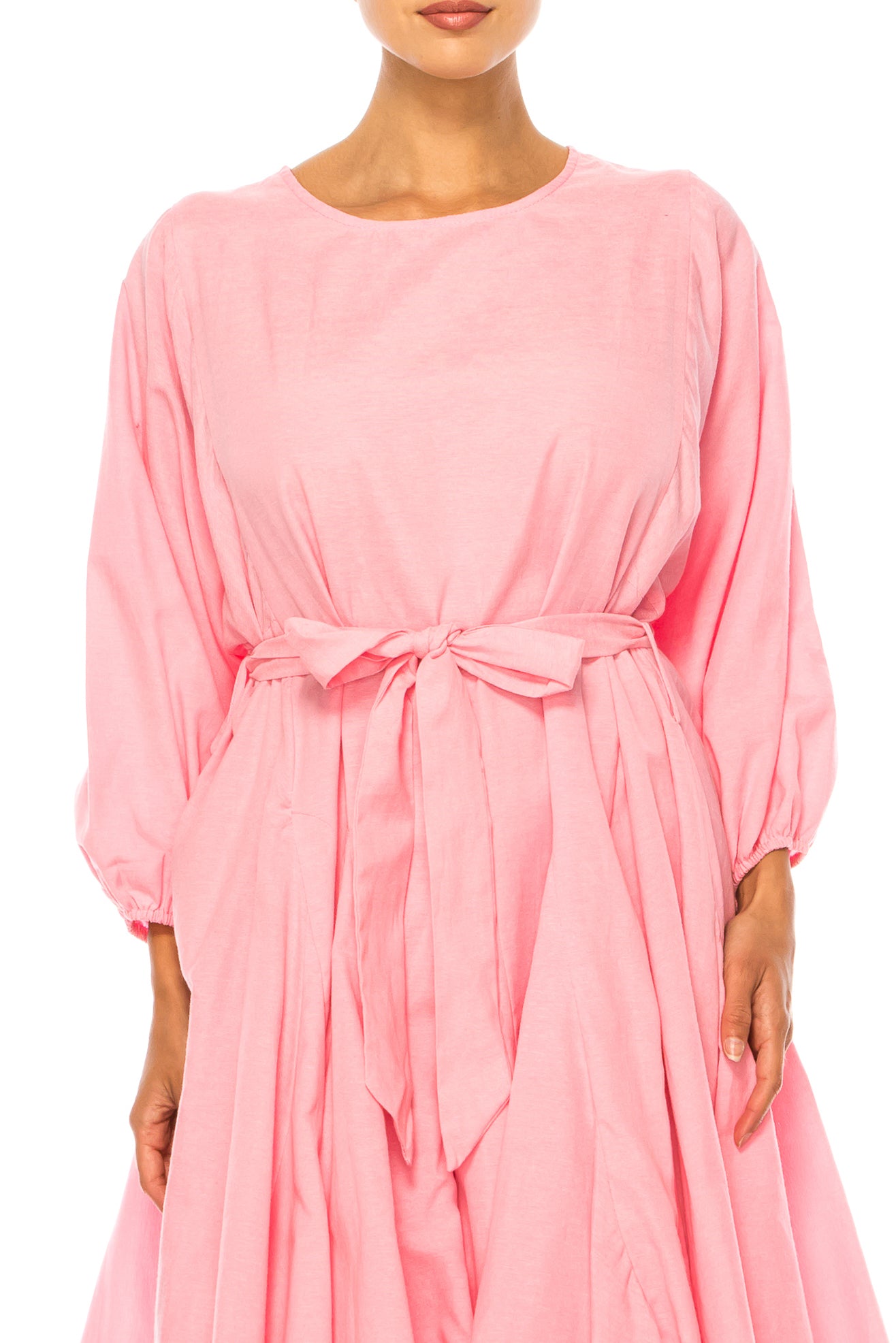 Vivid Long Sleeve Belted Godet Skirt Flared Dress
