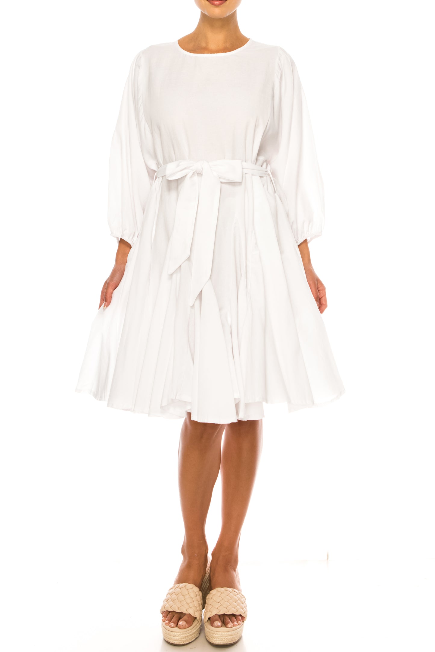 Vivid Long Sleeve Belted Godet Skirt Flared Dress