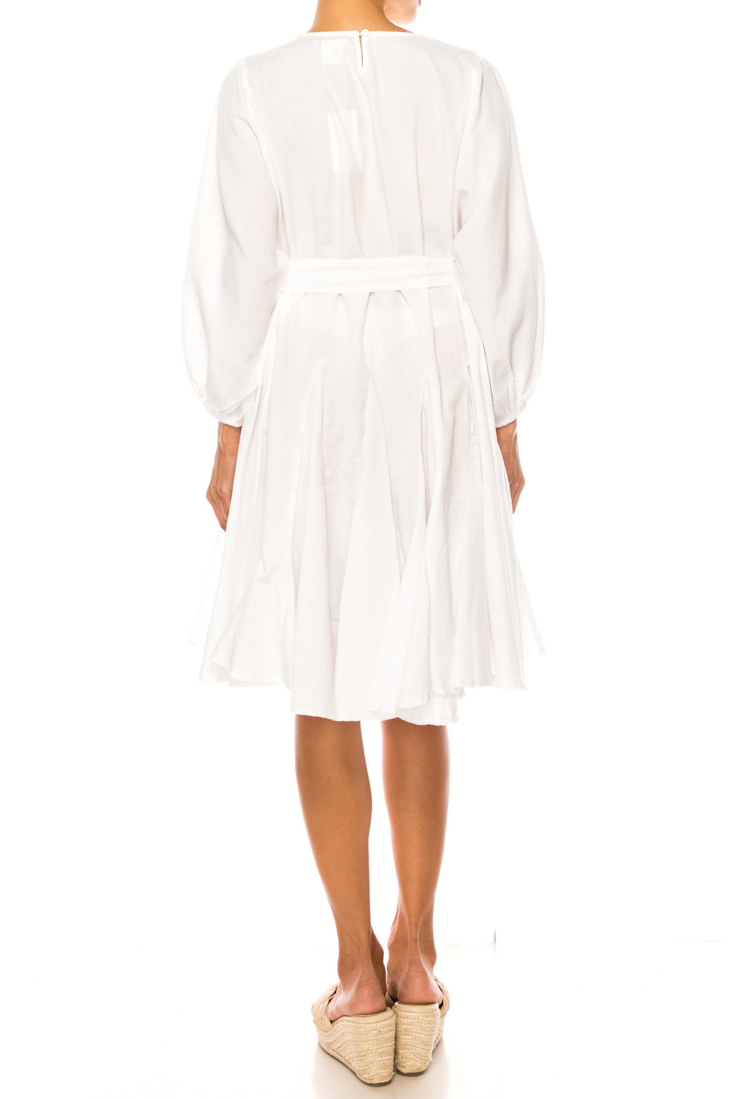 Vivid Long Sleeve Belted Godet Skirt Flared Dress