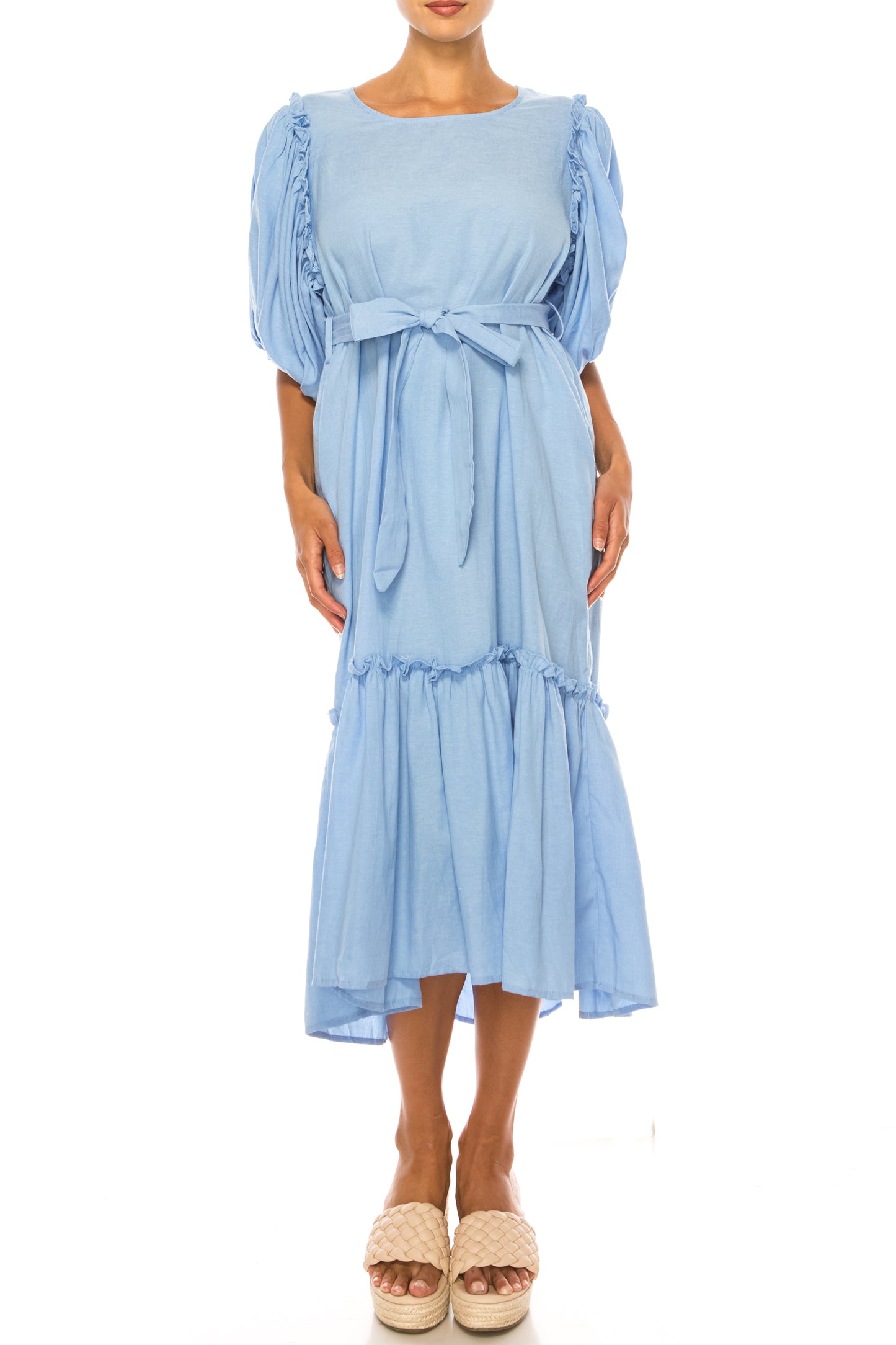 Vivid Short Puff Sleeve Belted Tiered Skirt Dress