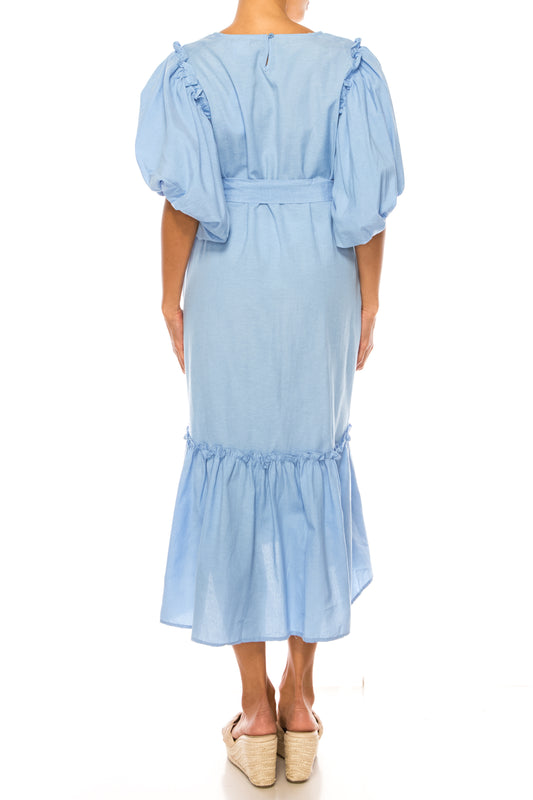 Vivid Short Puff Sleeve Belted Tiered Skirt Dress