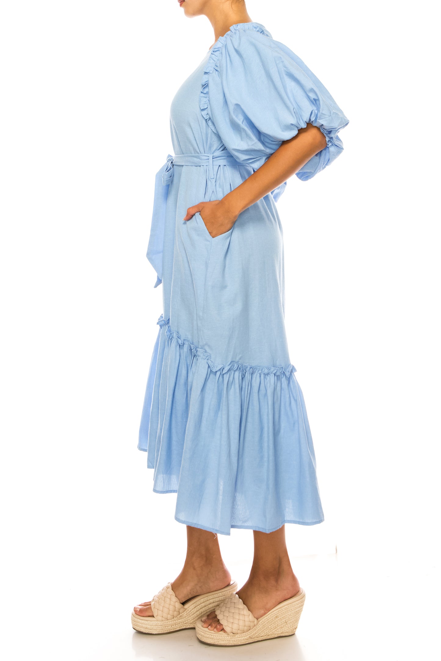 Vivid Short Puff Sleeve Belted Tiered Skirt Dress