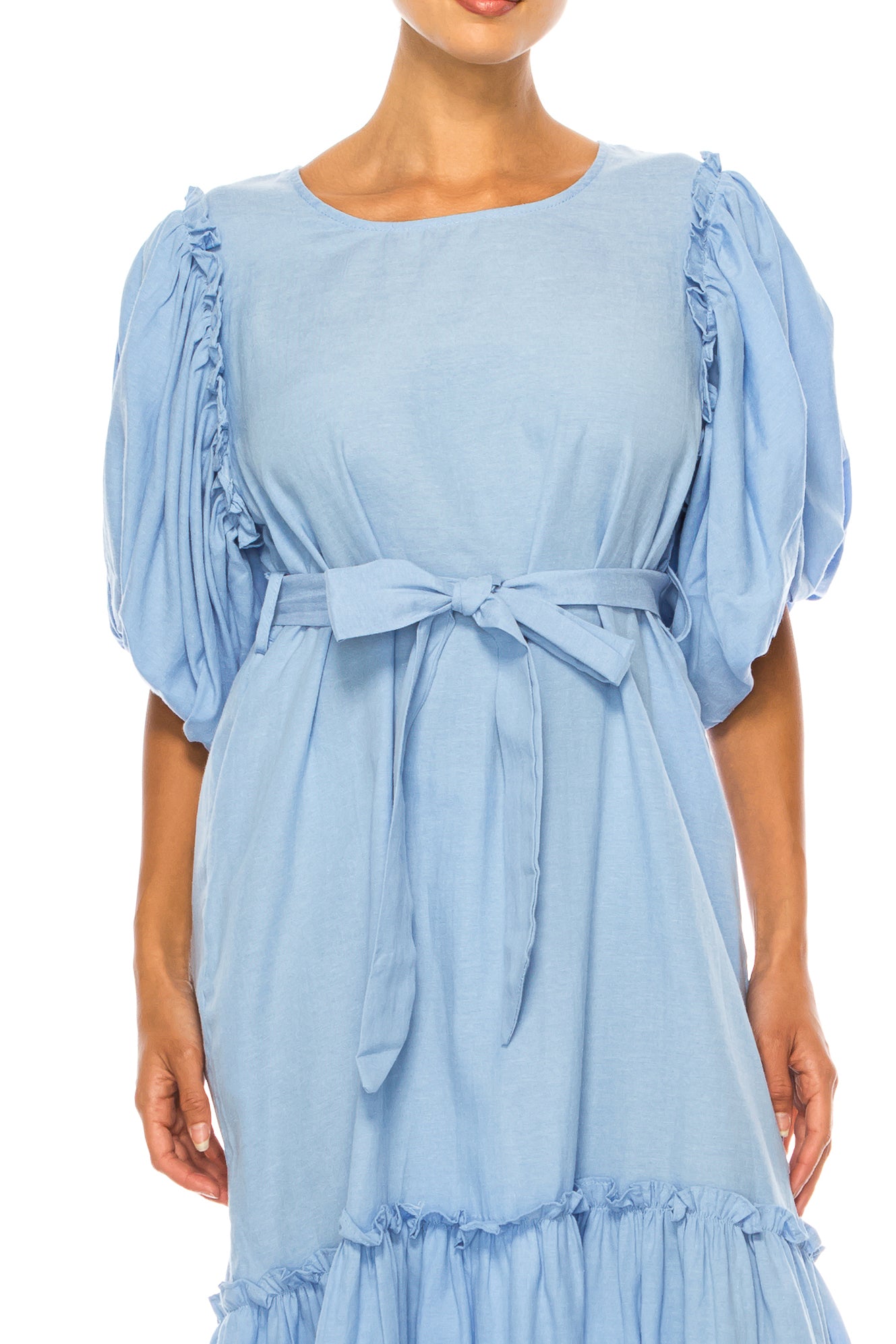 Vivid Short Puff Sleeve Belted Tiered Skirt Dress