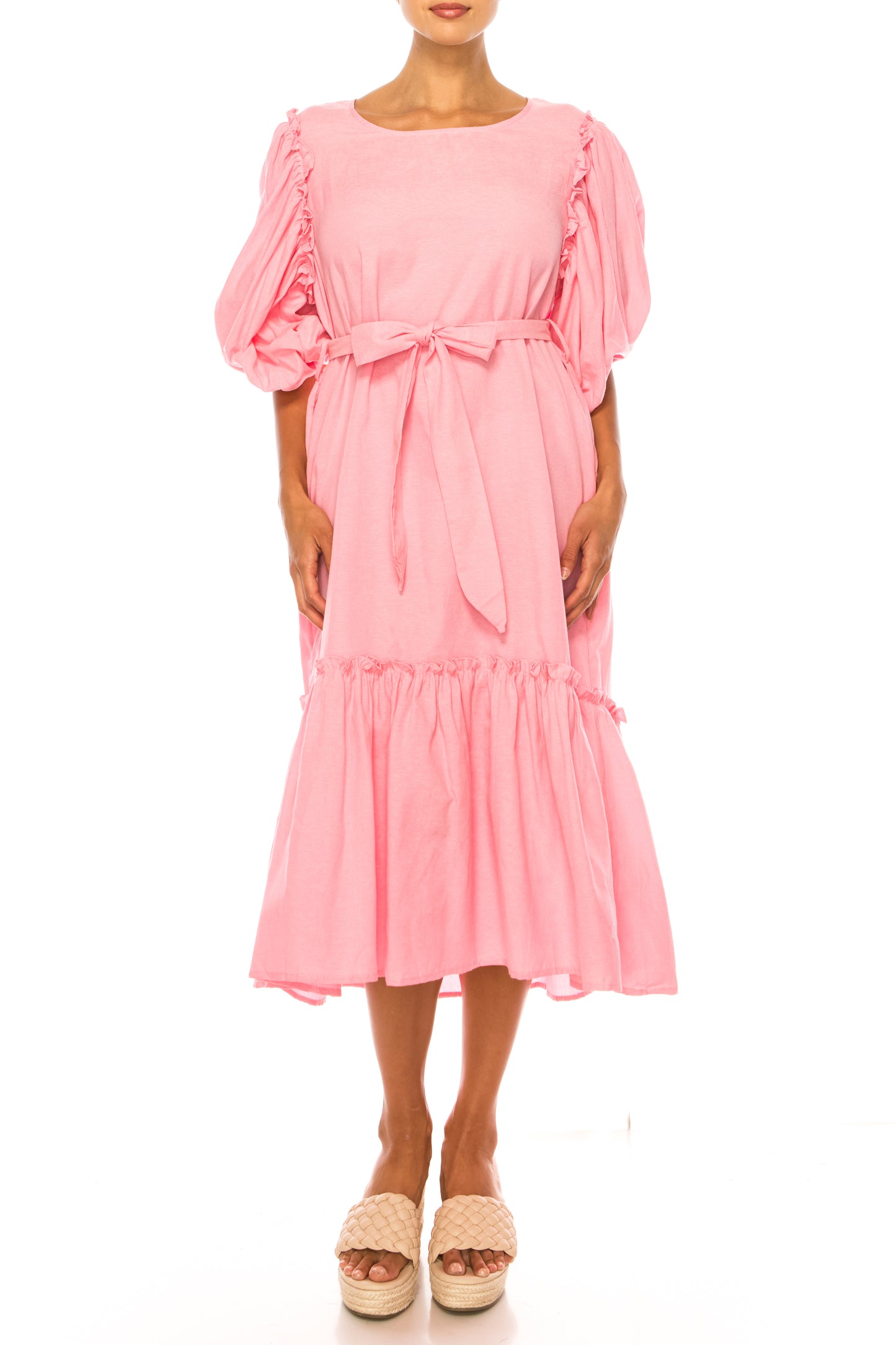 Vivid Short Puff Sleeve Belted Tiered Skirt Dress
