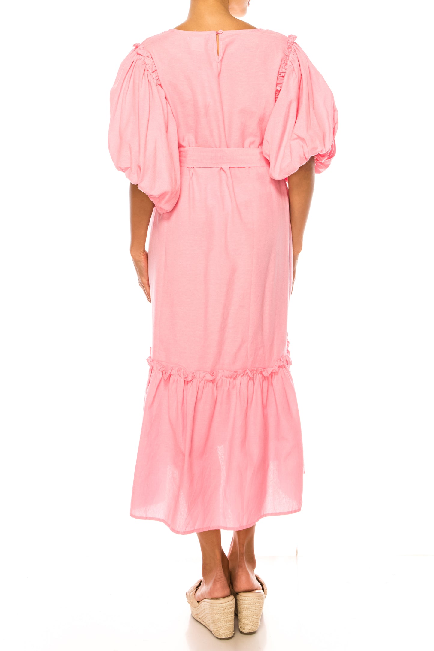 Vivid Short Puff Sleeve Belted Tiered Skirt Dress
