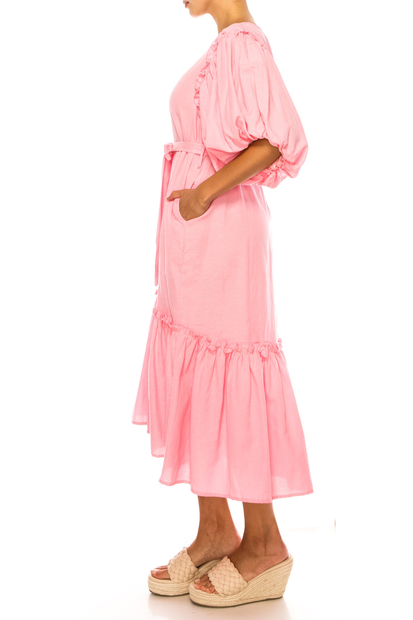 Vivid Short Puff Sleeve Belted Tiered Skirt Dress