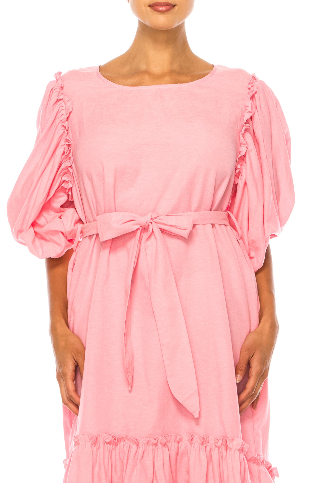 Vivid Short Puff Sleeve Belted Tiered Skirt Dress