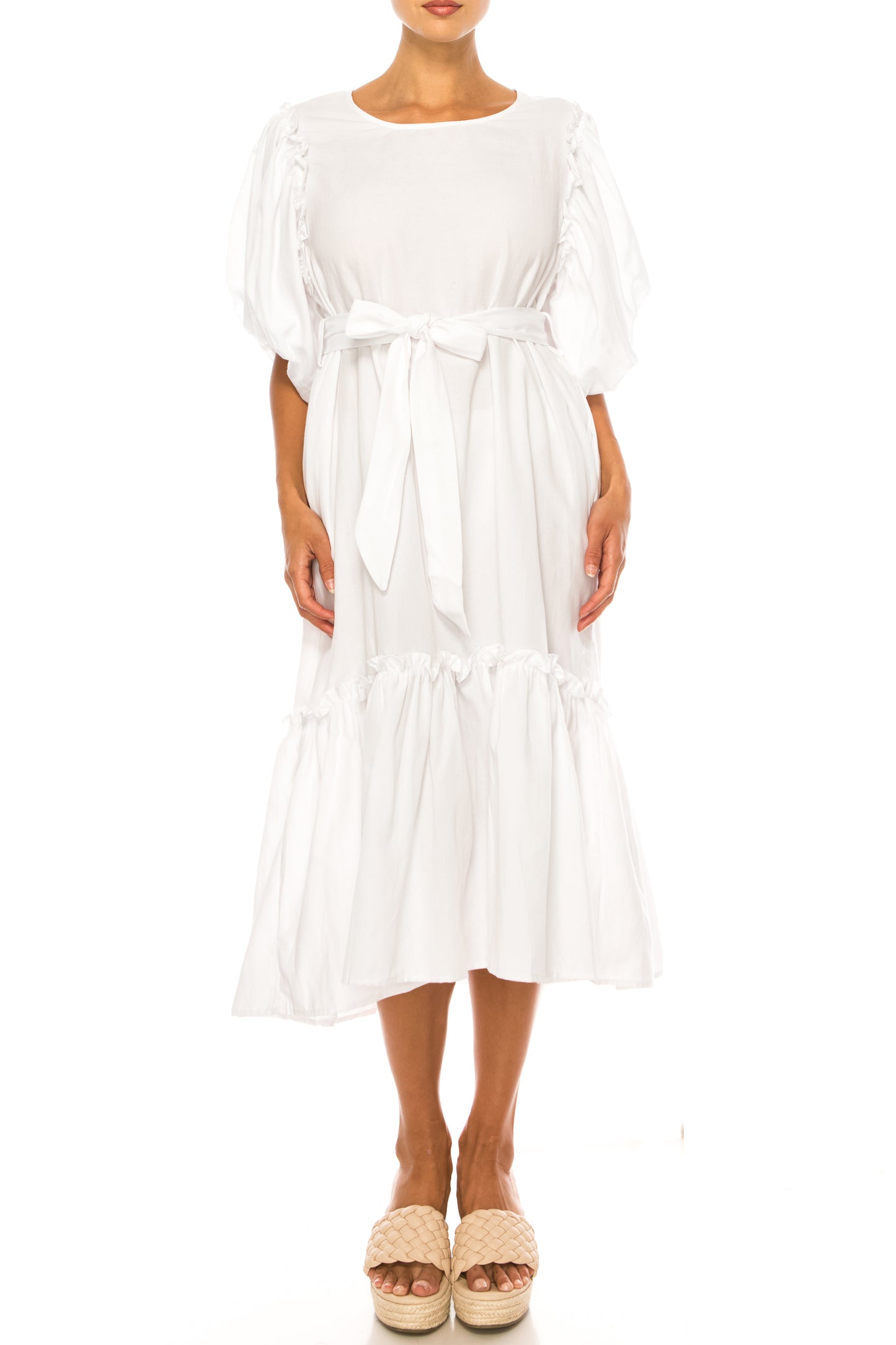Vivid Short Puff Sleeve Belted Tiered Skirt Dress