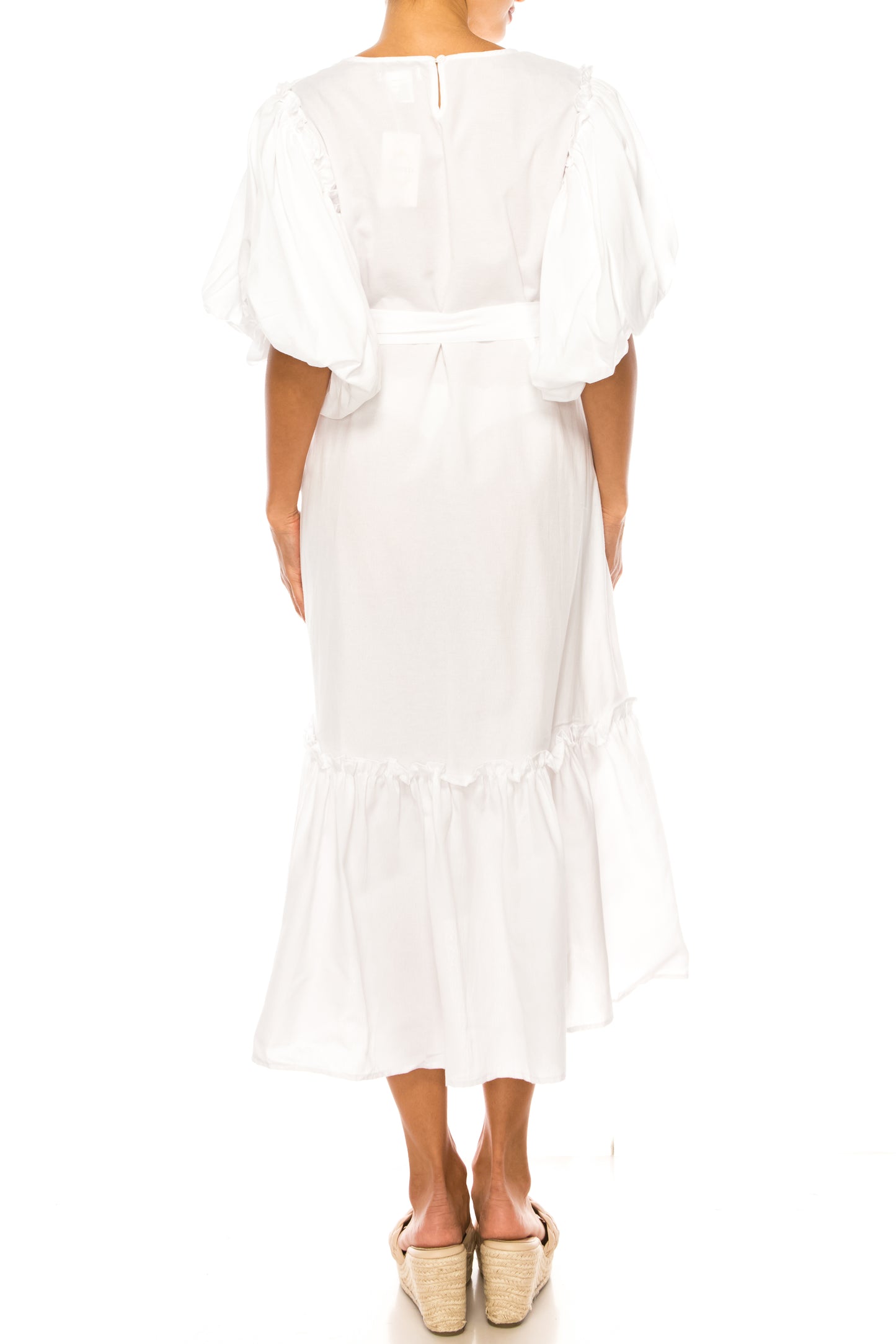 Vivid Short Puff Sleeve Belted Tiered Skirt Dress