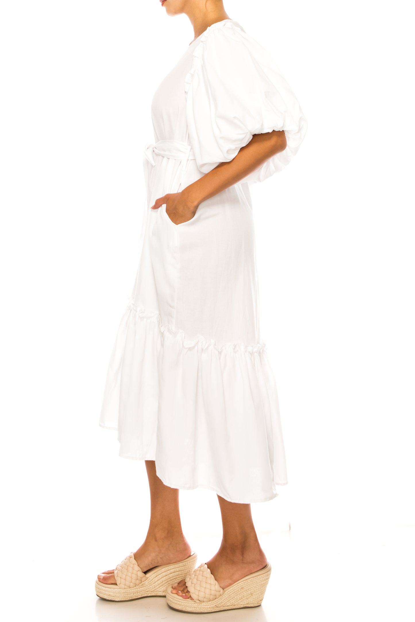 Vivid Short Puff Sleeve Belted Tiered Skirt Dress