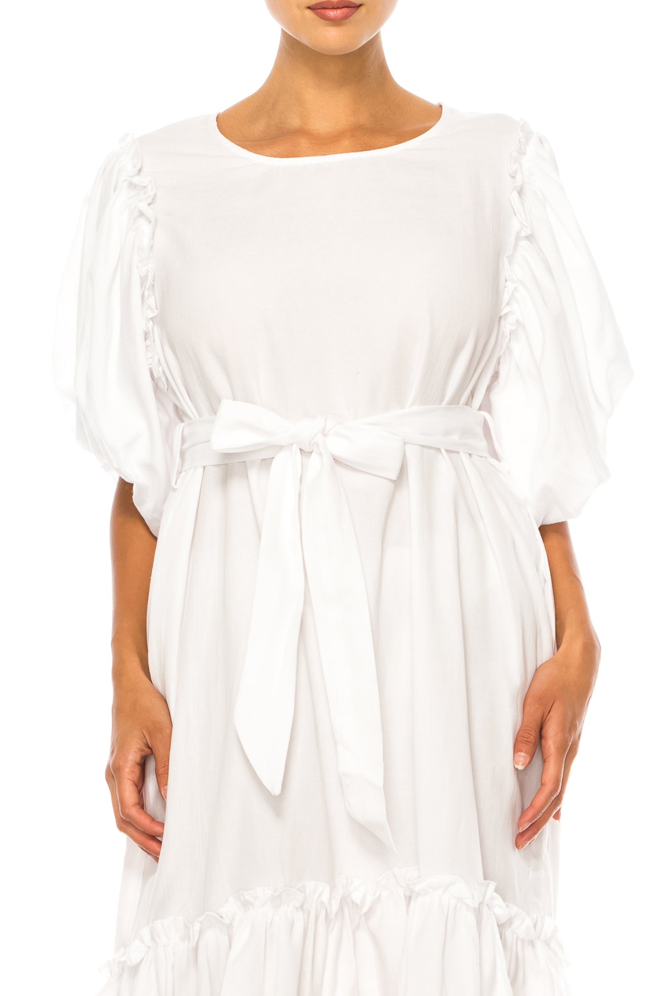Vivid Short Puff Sleeve Belted Tiered Skirt Dress
