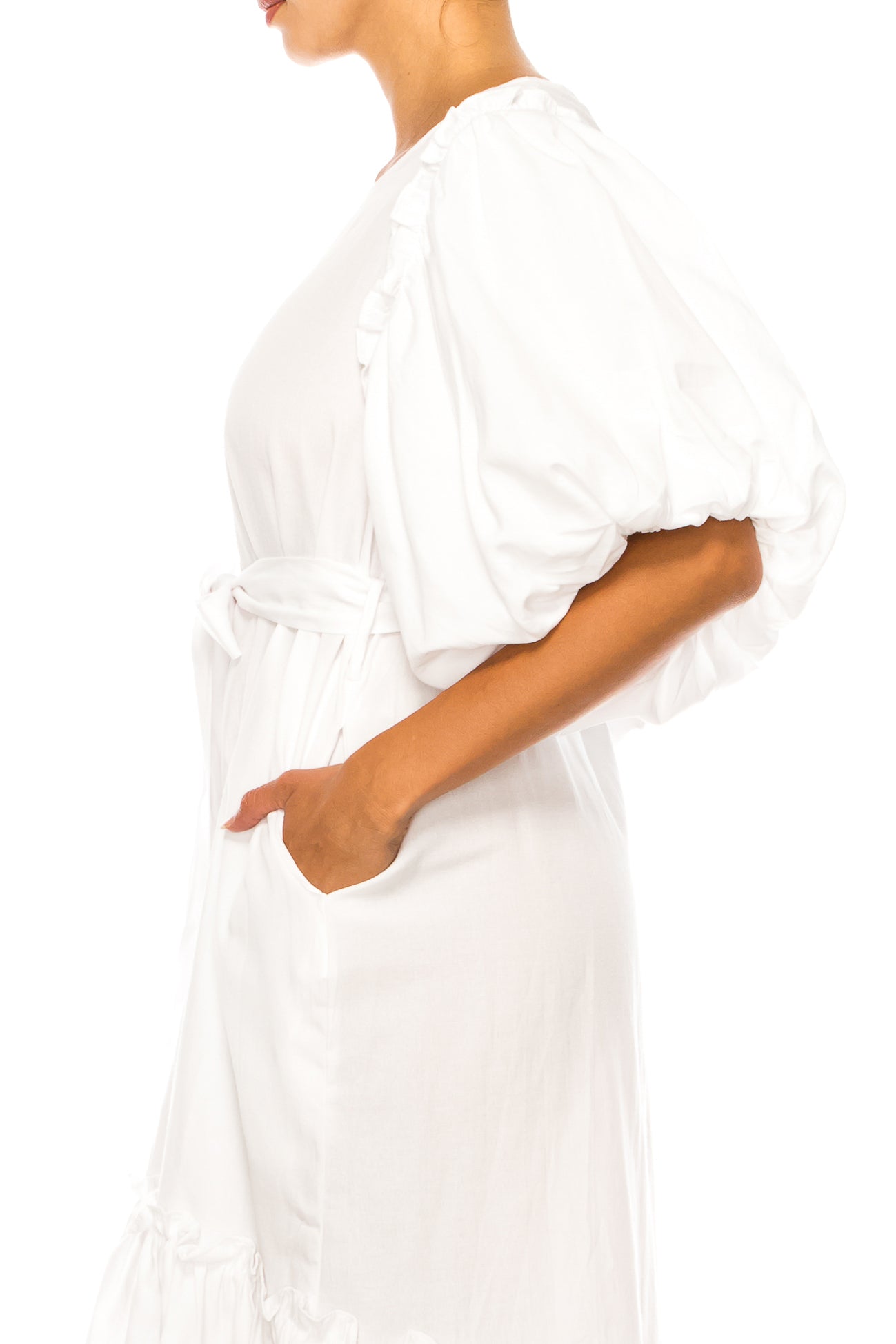 Vivid Short Puff Sleeve Belted Tiered Skirt Dress