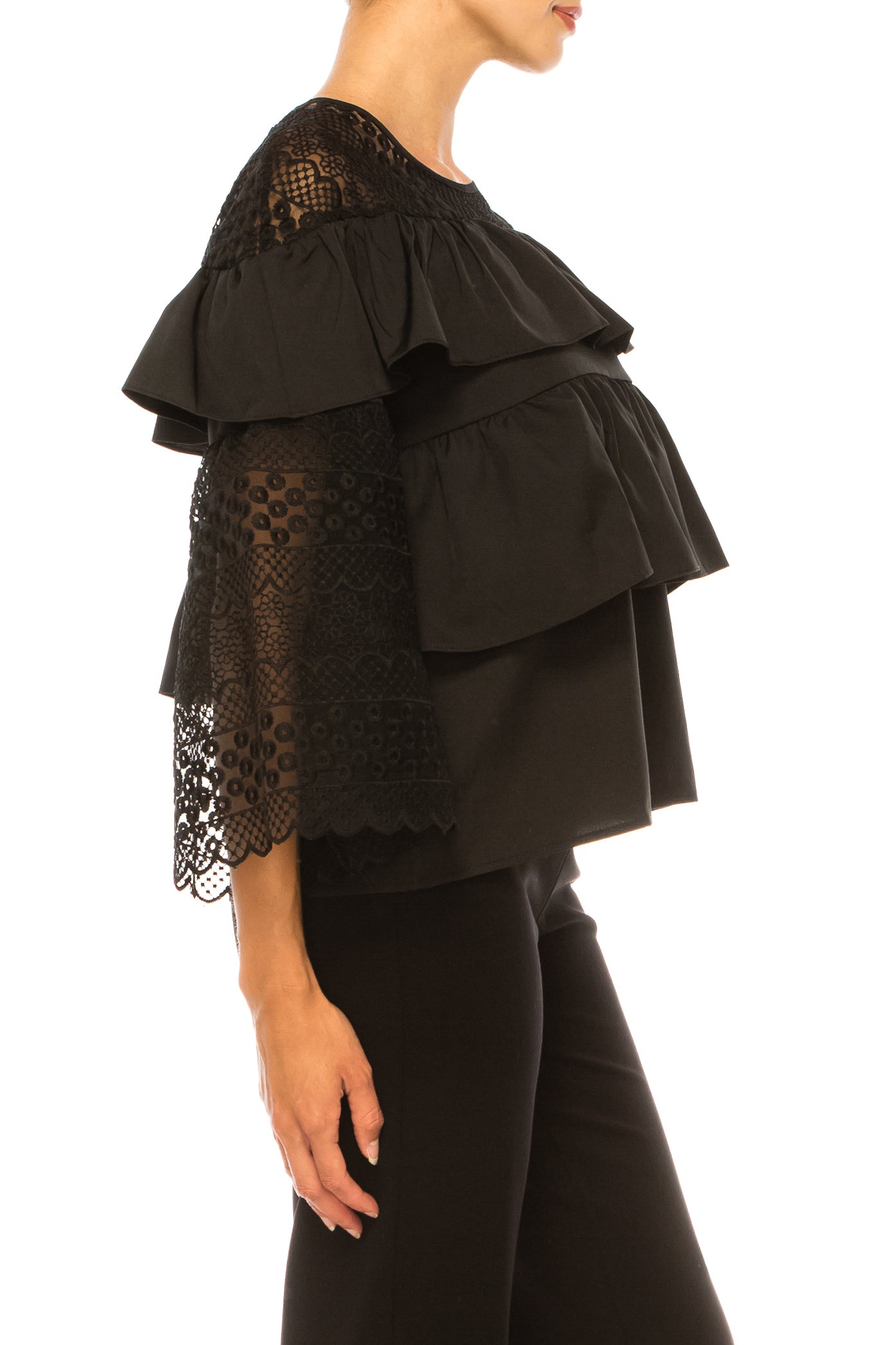 Vivid Floral Embroidered Tiered Trumpet Sleeve Top