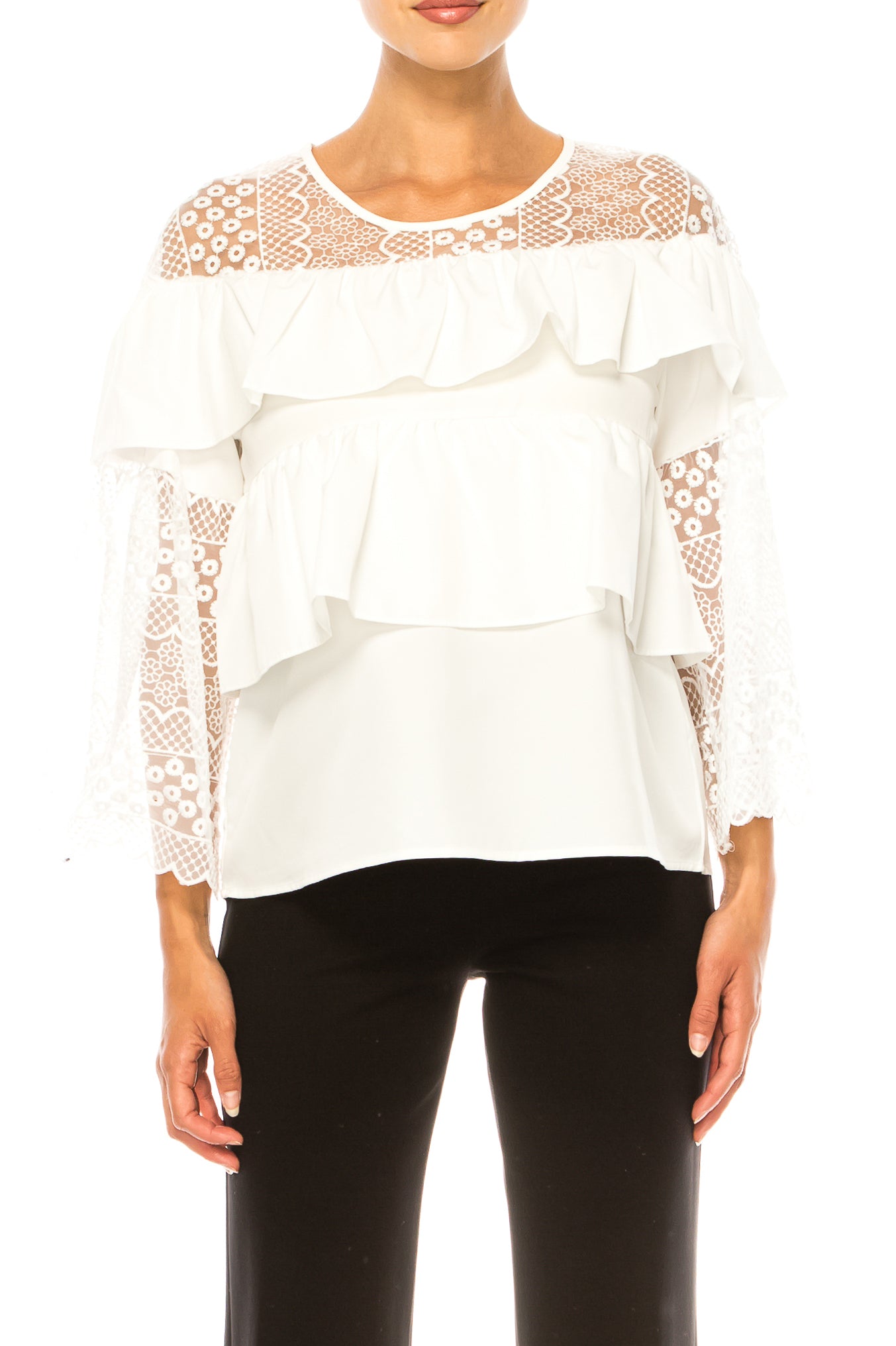 Vivid Floral Embroidered Tiered Trumpet Sleeve Top